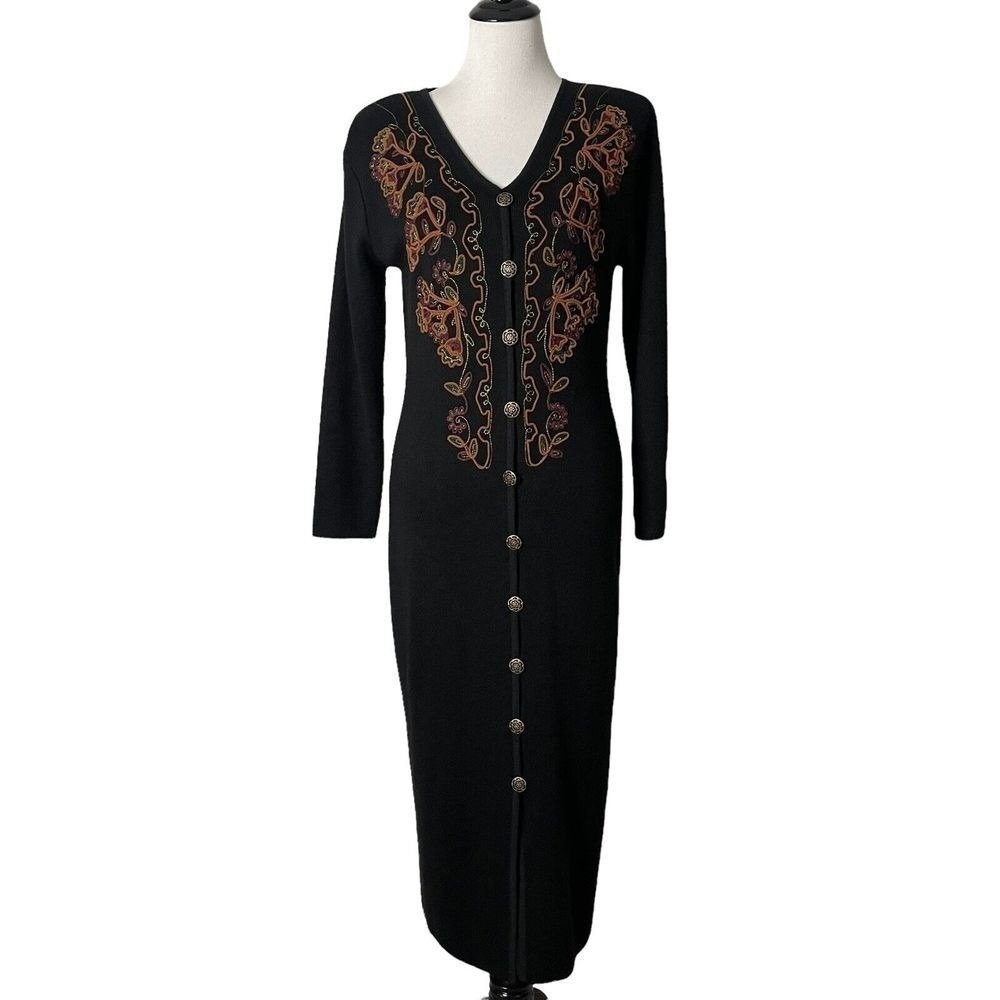Vintage 90s Whimsigoth Midi Maxi Sweater Dress Womensβ MP Floral Embroidered